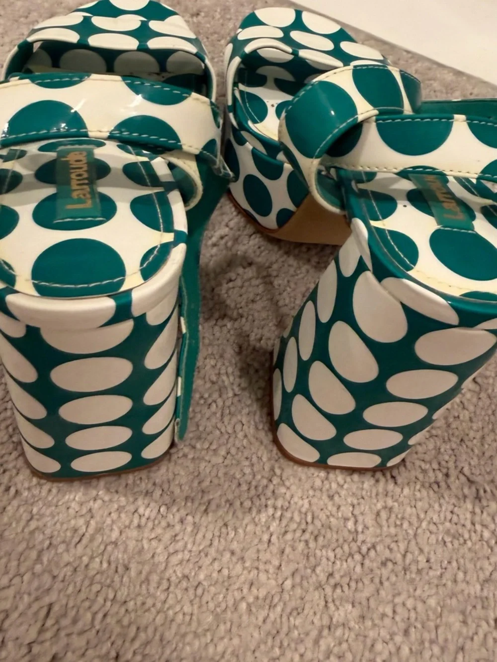 Larroude Teal and White Polka Dot Platform Sandals - Picture 3 of 4